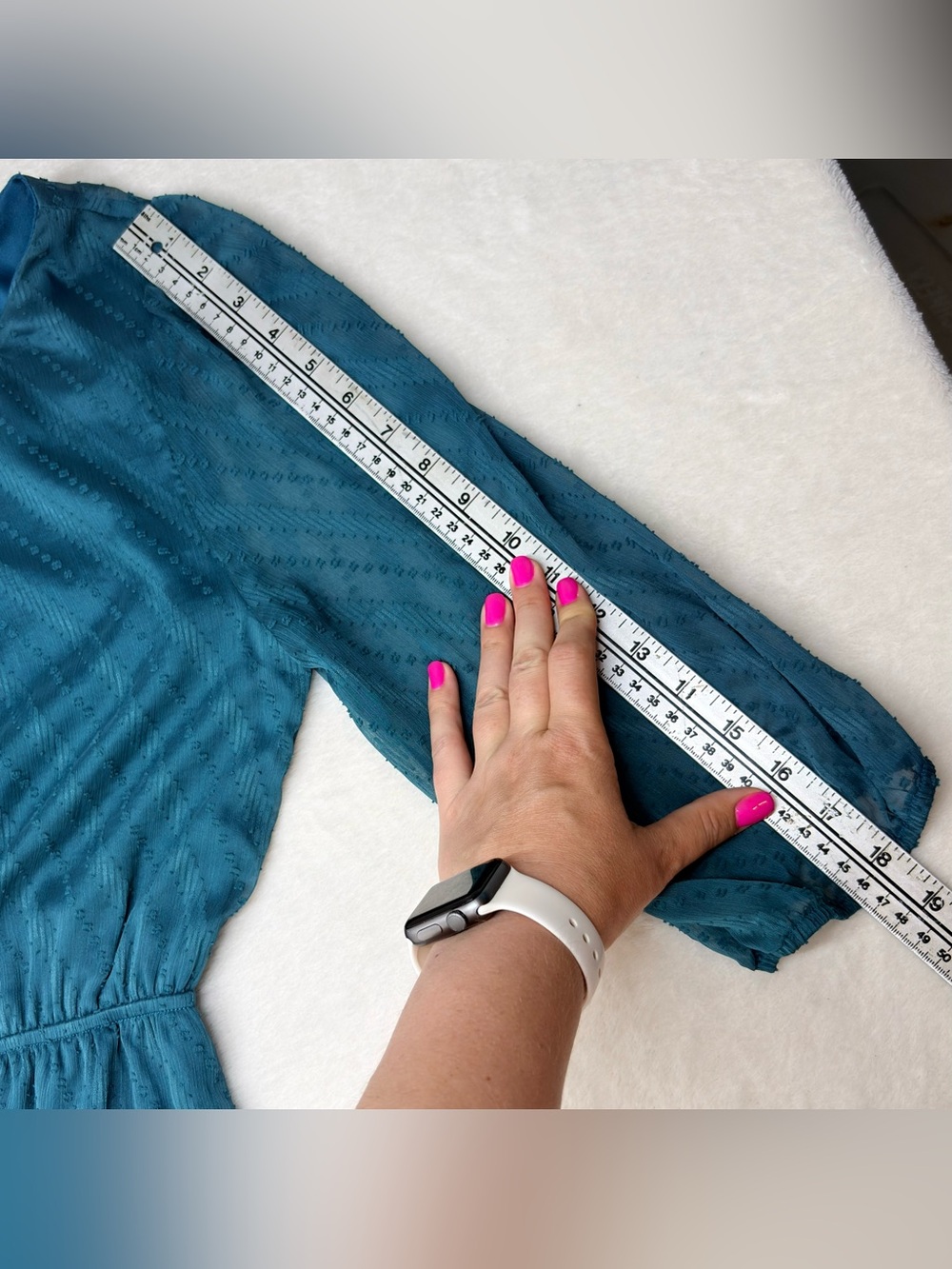 Everly Teal Textured Dress Semi Sheer Sleeves Knee Length Size L - Picture 9 of 10